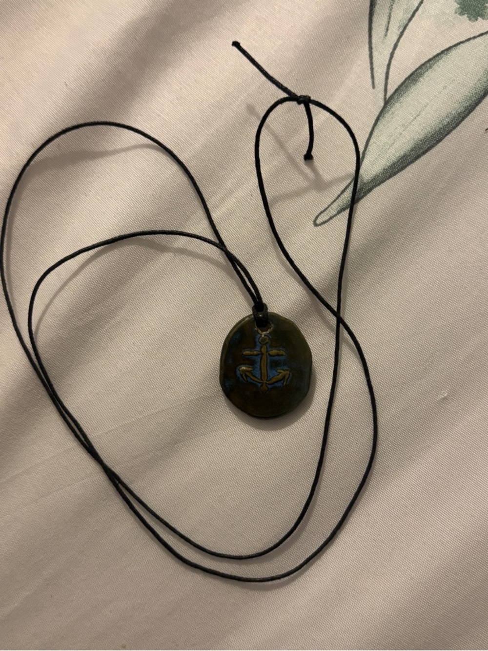 Handmade Ceramic Anchor Pendant Black String Necklace in Olive Green and Navy
